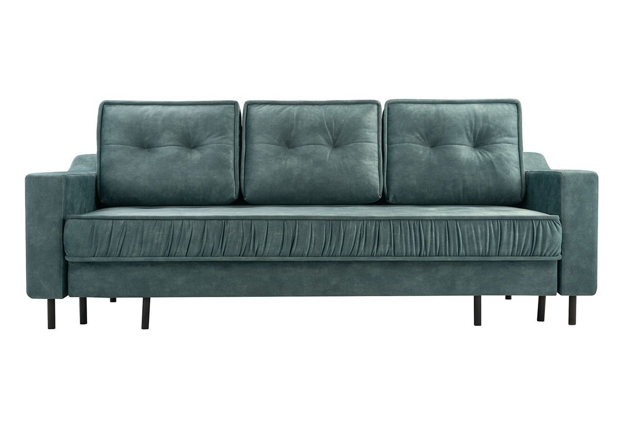 Szara sofa welurowa do salonu AREZZO trzyosobowa, wolnostojąca, z funkcją spania i pojemnikiem na pościel