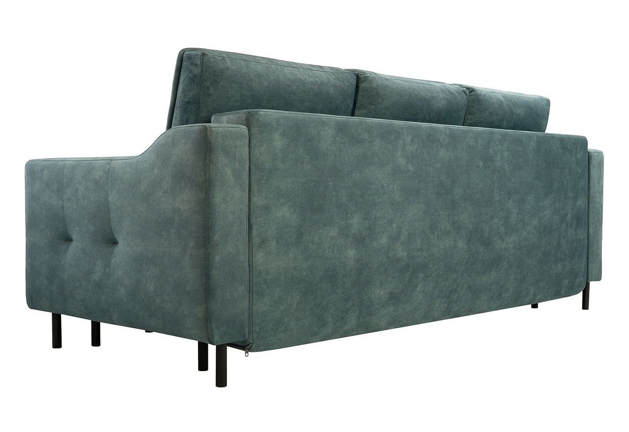 Szara sofa welurowa do salonu AREZZO trzyosobowa, wolnostojąca, z funkcją spania i pojemnikiem na pościel