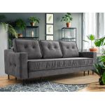 Szara sofa welurowa do salonu AREZZO trzyosobowa, wolnostojąca, z funkcją spania i pojemnikiem na pościel