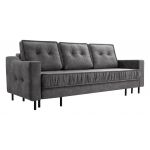 Szara sofa welurowa do salonu AREZZO trzyosobowa, wolnostojąca, z funkcją spania i pojemnikiem na pościel