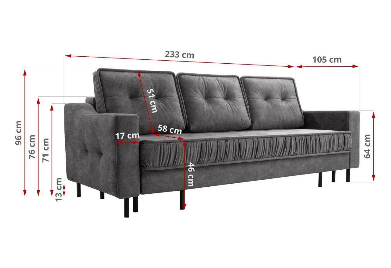 Szara sofa welurowa do salonu AREZZO trzyosobowa, wolnostojąca, z funkcją spania i pojemnikiem na pościel