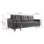 Szara sofa welurowa do salonu AREZZO trzyosobowa, wolnostojąca, z funkcją spania i pojemnikiem na pościel