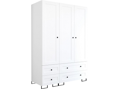 Trzydrzwiowa biała szafa modułowa do sypialni lub przedpokoju LIDAL 150 z szufladami i czarnymi uchwytami