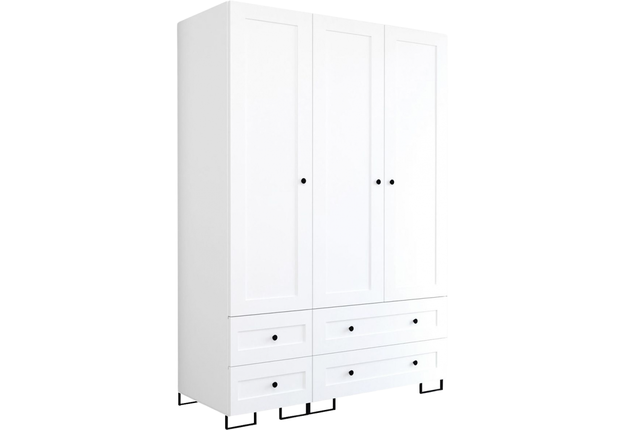 Trzydrzwiowa biała szafa modułowa do sypialni lub przedpokoju LIDAL 150 z szufladami i czarnymi uchwytami