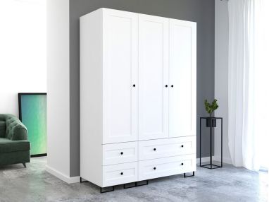 Trzydrzwiowa biała szafa modułowa do sypialni lub przedpokoju LIDAL 150 z szufladami i czarnymi uchwytami