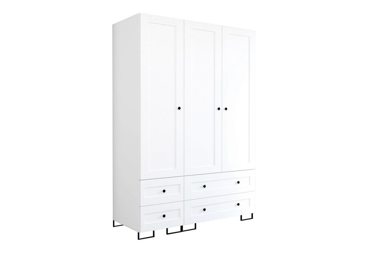 Trzydrzwiowa biała szafa modułowa do sypialni lub przedpokoju LIDAL 150 z szufladami i czarnymi uchwytami