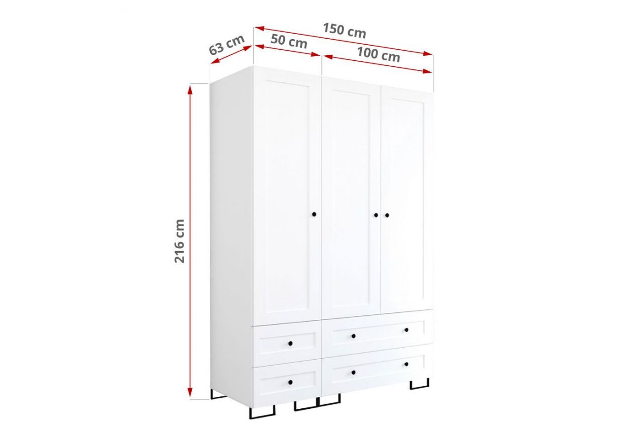 Trzydrzwiowa biała szafa modułowa do sypialni lub przedpokoju LIDAL 150 z szufladami i czarnymi uchwytami