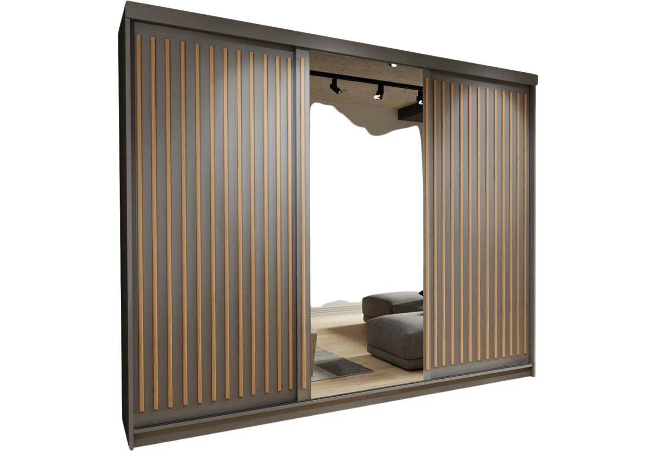 Szara szafa z lustrem i lamelami na froncie, trzydrzwiowa 250 cm REGNO, z szufladami i półkami