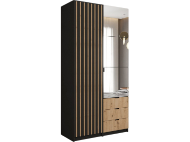 Modułowa szafa 100 cm wyposażona w lustro i szuflady, dwudrzwiowa LANARK z lamelami w kolorze dąb wotan