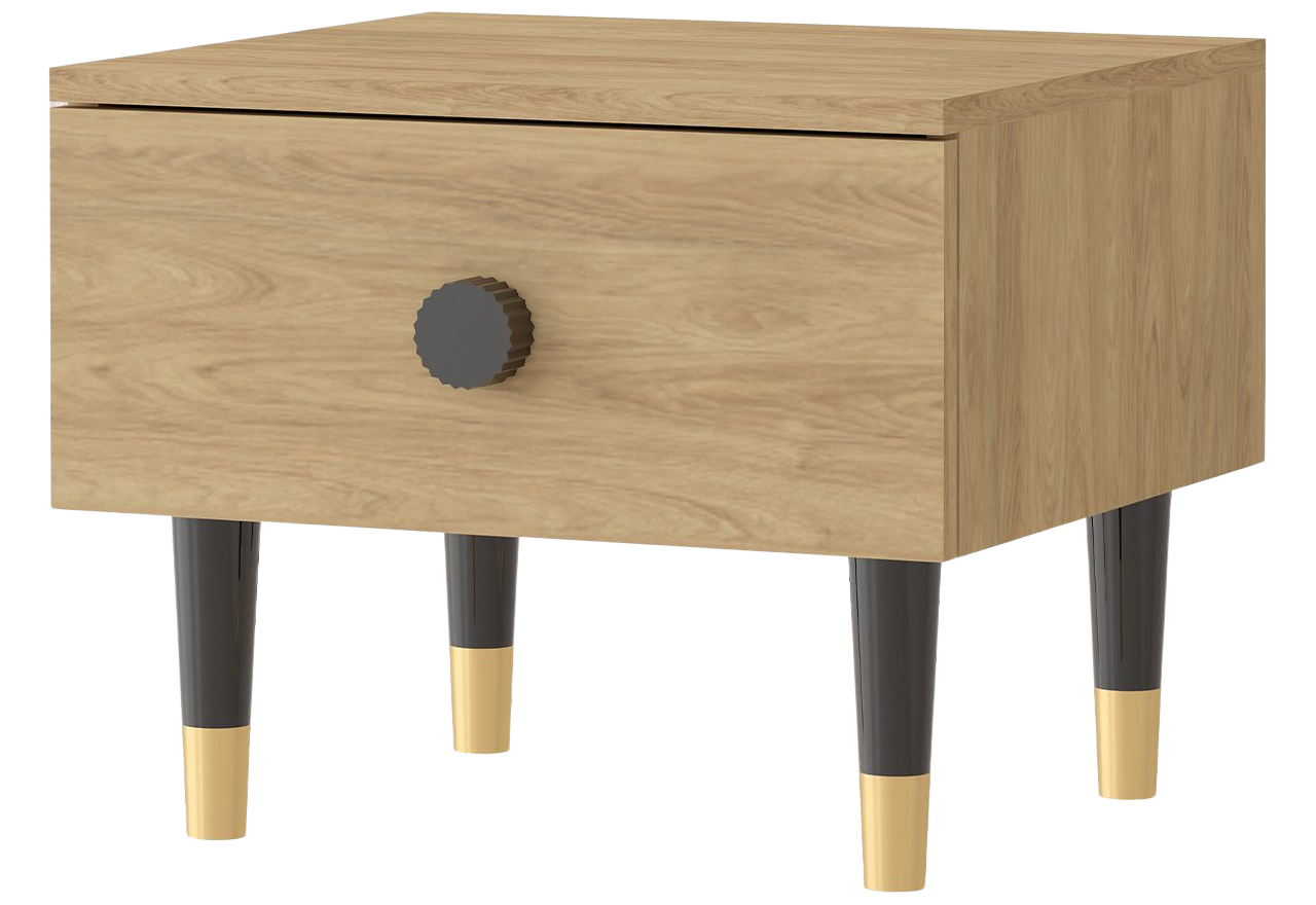 Stolik nocny drewniany z szufladą do sypialni, na czarno-złotych nóżkach w stylu industrialnym - LORENS Dąb Hikora