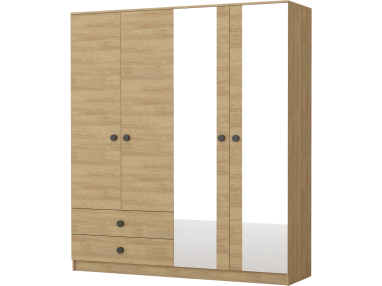 Szafa 4-drzwiowa 180 cm z lustrem i szufladami do sypialni, drewniana z czarnymi uchwytami - LORENS Dąb Hikora
