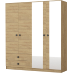 Szafa 4-drzwiowa 180 cm z lustrem i szufladami do sypialni, drewniana z czarnymi uchwytami - LORENS Dąb Hikora