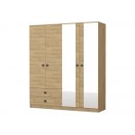 Szafa 4-drzwiowa 180 cm z lustrem i szufladami do sypialni, drewniana z czarnymi uchwytami - LORENS Dąb Hikora