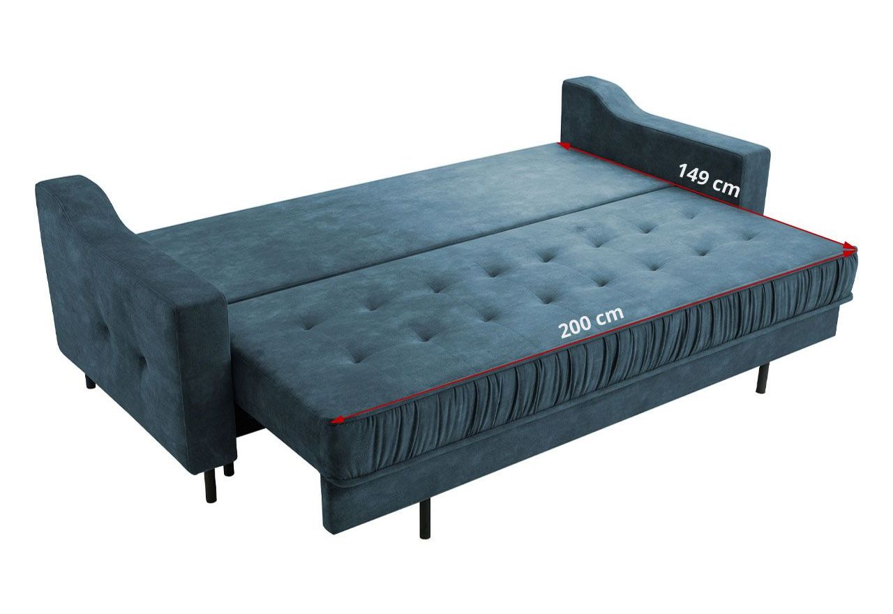 Trzyosobowa kanapa pikowana z welurową tapicerką w odcieniu azur AREZZO rozkładana, z pojemnikiem na pościel