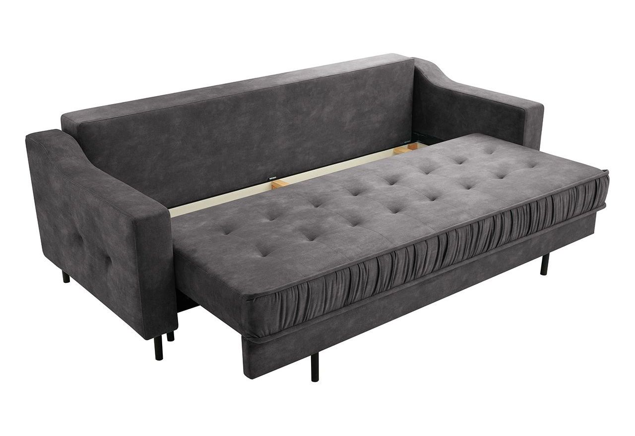 Szara sofa welurowa do salonu AREZZO trzyosobowa, wolnostojąca, z funkcją spania i pojemnikiem na pościel