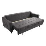 Szara sofa welurowa do salonu AREZZO trzyosobowa, wolnostojąca, z funkcją spania i pojemnikiem na pościel