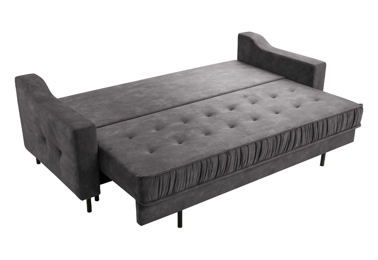 Szara sofa welurowa do salonu AREZZO trzyosobowa, wolnostojąca, z funkcją spania i pojemnikiem na pościel