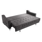 Szara sofa welurowa do salonu AREZZO trzyosobowa, wolnostojąca, z funkcją spania i pojemnikiem na pościel