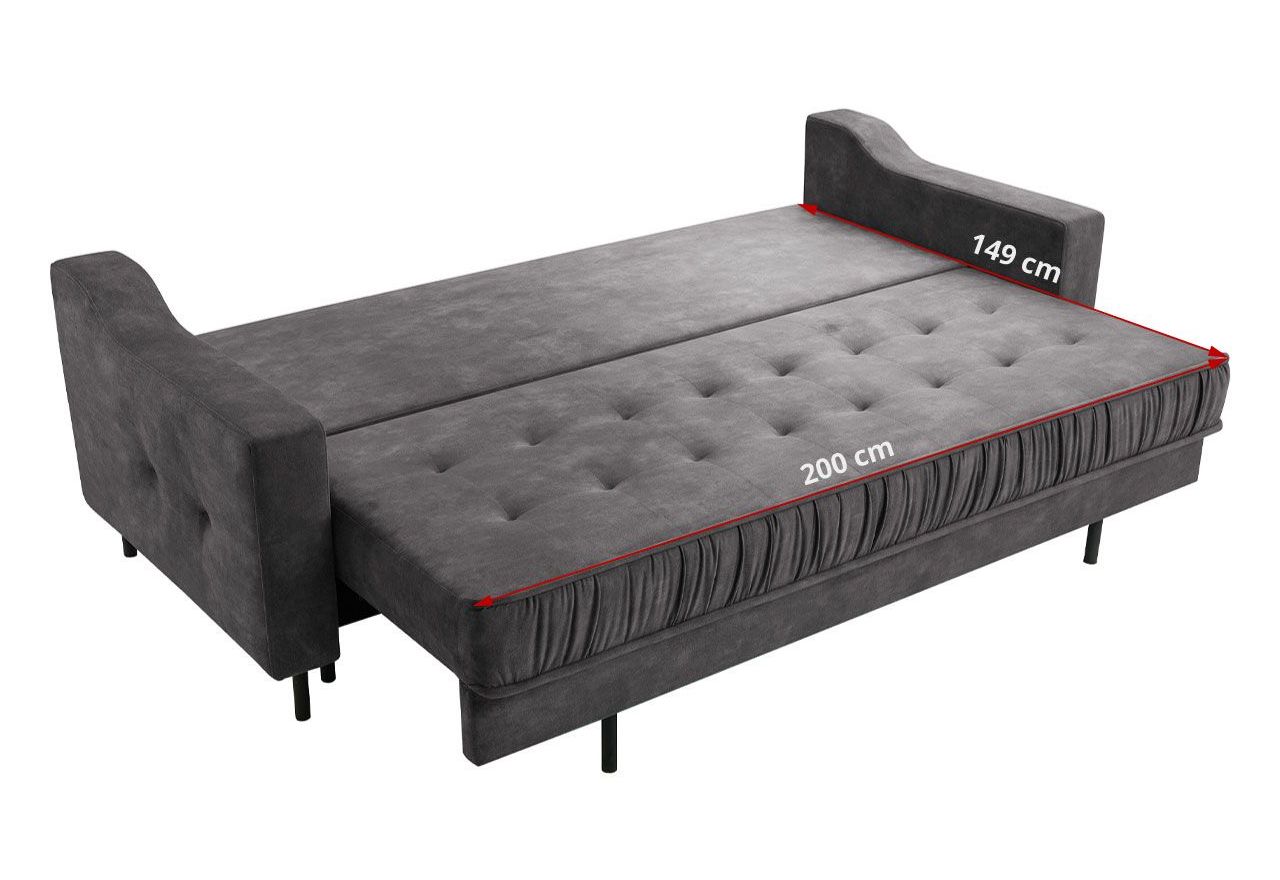 Szara sofa welurowa do salonu AREZZO trzyosobowa, wolnostojąca, z funkcją spania i pojemnikiem na pościel