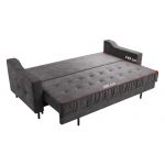 Szara sofa welurowa do salonu AREZZO trzyosobowa, wolnostojąca, z funkcją spania i pojemnikiem na pościel