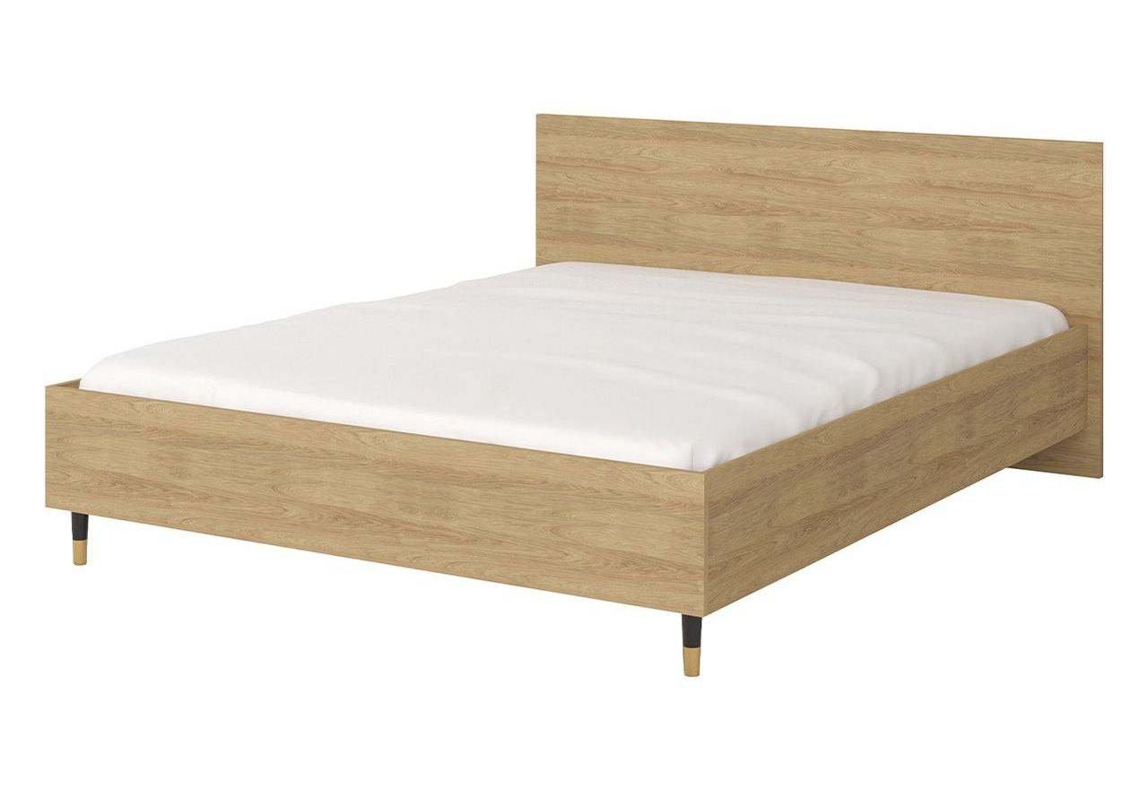 Drewniane łóżko dwuosobowe 160x200 cm z zagłówkiem do sypialni, na czarnych nóżkach - LORENS Dąb Hikora