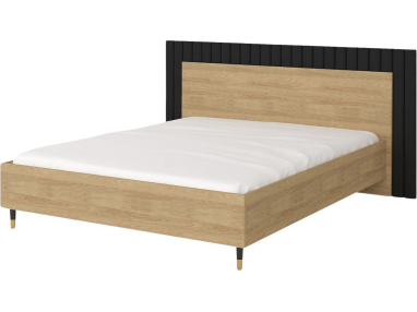 Dwuosobowe łóżko 160x200 cm do sypialni, drewniane z zagłówkiem i tapicerowanym panelem - LORENS Dąb Hikora
