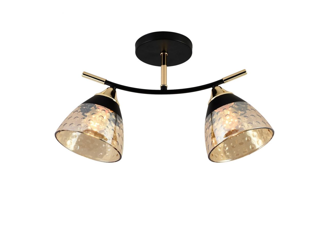 Stylowa lampa sufitowa typu żyrandol TESPIAN dwupunktowa z przyciemnionymi kloszami i czarno-złotą oprawą