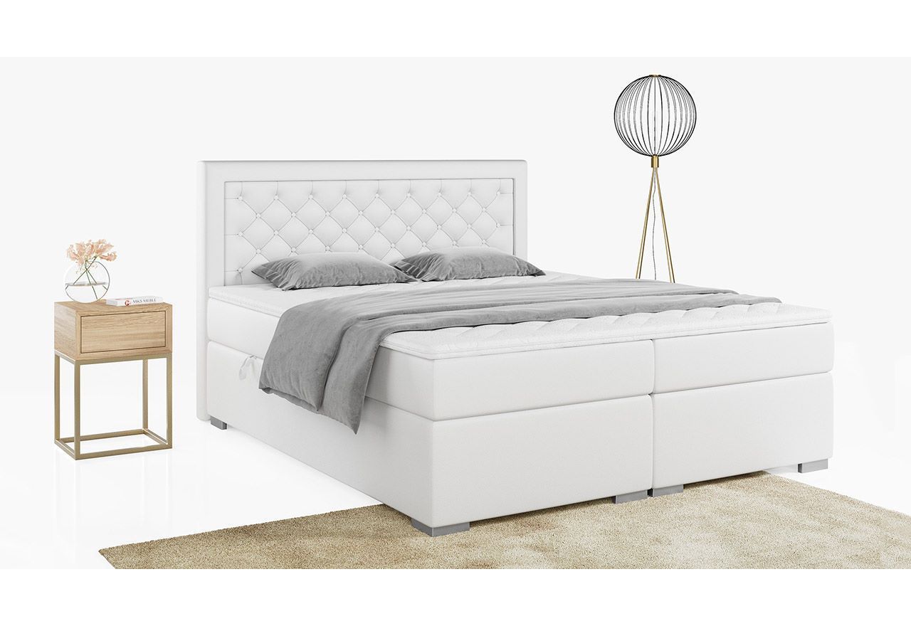 Modne łóżko kontynentalne z pikowanym wezgłowiem - JASIR 120x200 biała ecoskóra