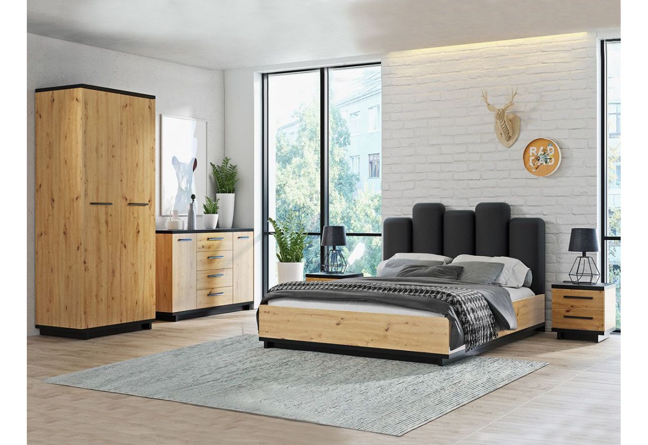 Zestaw mebli z szafą, komodą i łóżkiem do sypialni - NESSA Dąb Artisan / Czarny mat
