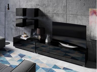 Czarne meble do salonu, zestaw idealny dla minimalistycznego stylu, fronty czarny połysk - CONTROL