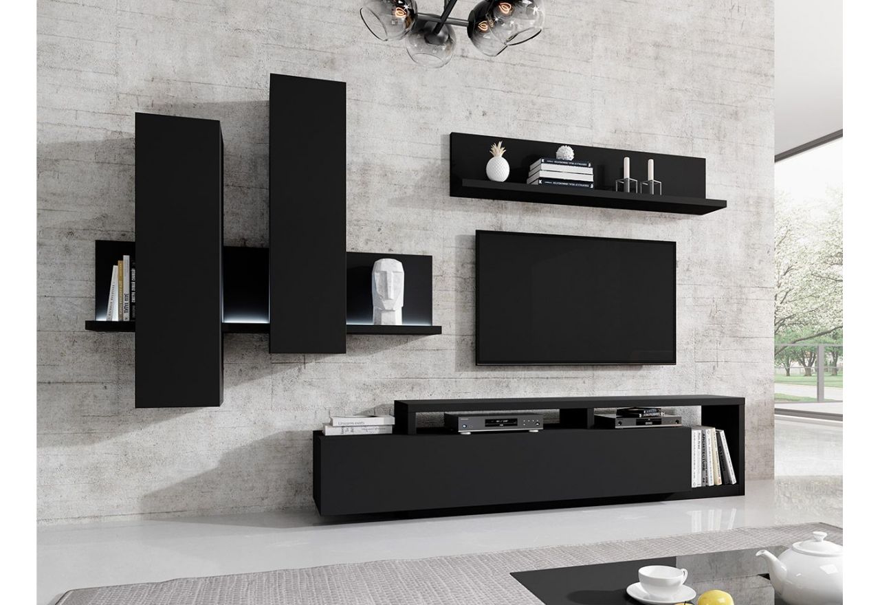 Zestaw nowoczesnych czarnych mebli do salonu KAPPA złożony z półki, witryny wiszącej i komody pod telewizor