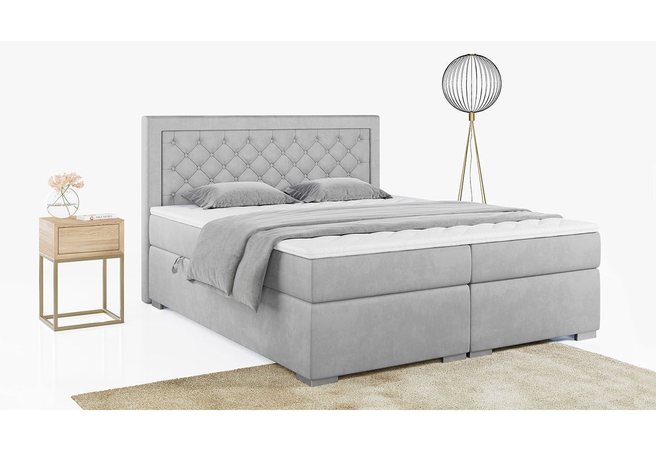 Nowoczesne łóżko kontynentalne pikowane w miękkiej tkaninie do sypialni - JASIR 200x200 jasny szary