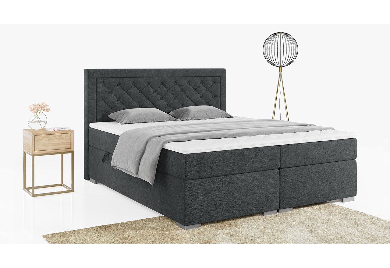 Funkcjonalne łóżko kontynentalne z pikowanym wezgłowiem w modnej plecionce - JASIR 140x200 ciemny szary