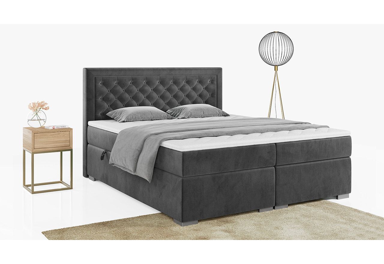 Stylowe łóżko kontynentalne z wysokim wezgłowiem w modnej plecionce - JASIR 200x200 ciemny szary