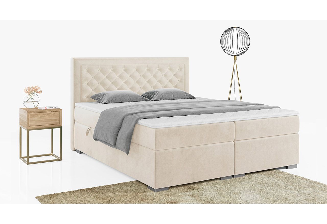 Wygodne łóżko kontynentalne z pikowanym wezgłowiem w tkaninie welurowej - JASIR 160x200 beżowy