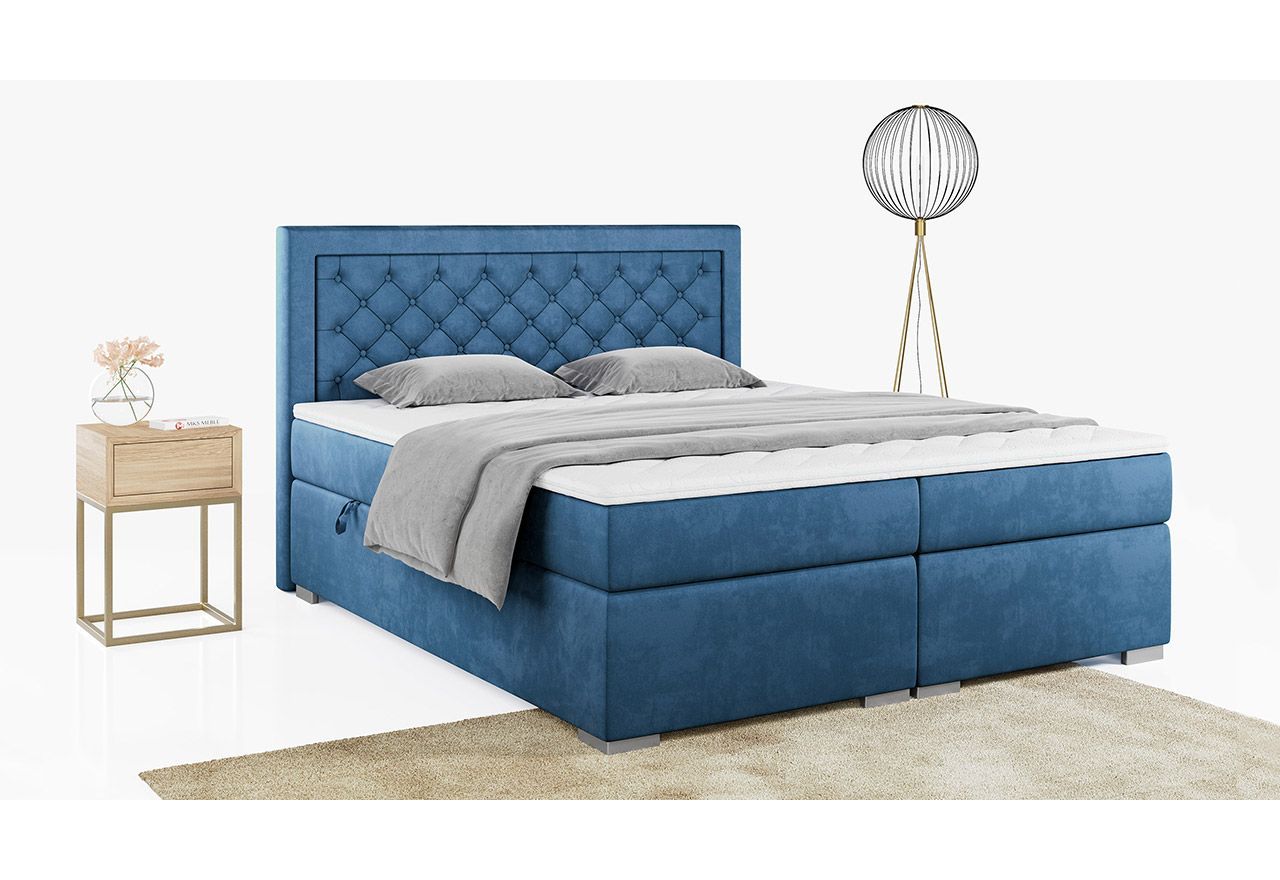 Ponadczasowe łóżko kontynentalne dwuosobowe z pikowanym wezgłowiem i opcją pojemnika - JASIR 140x200 niebieski