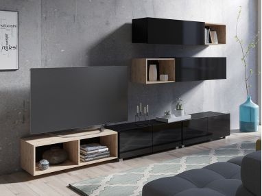 Czarny praktyczny zestaw mebli z frontami w czarnym połysku, komplet do salonu z elementami drewna - CONTROL