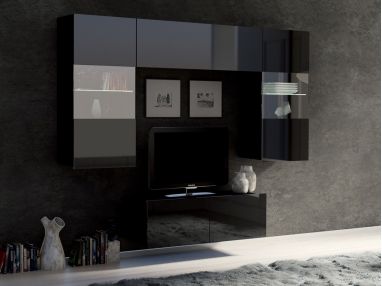 Stylowy zestaw mebli, komplet idealny do salonu z opcją oświetlenia LED oraz frontami czarny połysk - CONTROL