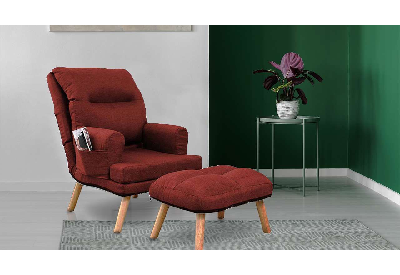 Tapicerowany fotel w skandynawskim stylu z podnóżkiem w zestawie - NAOMI / Falcone 35 - czerwony - OUTLET