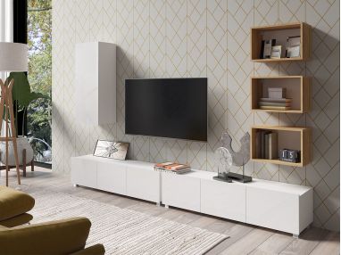 Praktyczny, nowoczesny komplet do salonu, białe meble z elementami drewna, fronty biały połysk - CONTROL