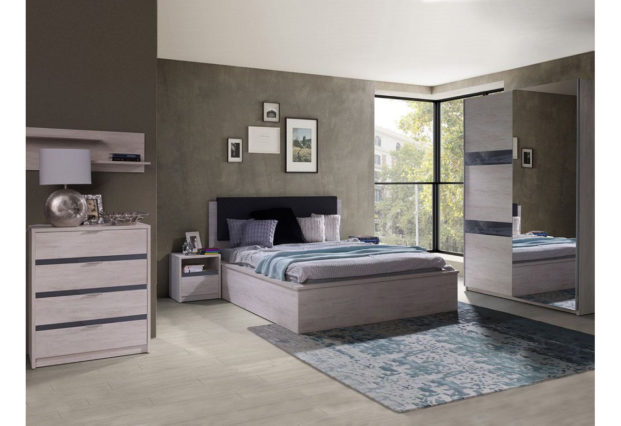 Stylowy zestaw mebli z szafą, podwójnym łóżkiem 160x200 cm do sypialni, z opcją oświetlenia LED - VIGA Dąb Biały / Grafit połysk