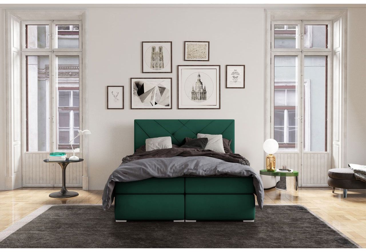 Duże łóżko kontynentalne z materacem - DAVES 140x200 butelkowa zieleń - OUTLET