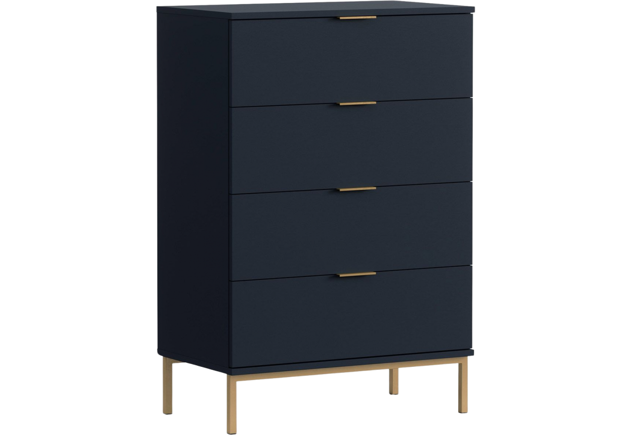 Komoda z 4 szufladami 70 cm PAGANE, granatowa na wysokich, złotych nóżkach do salonu