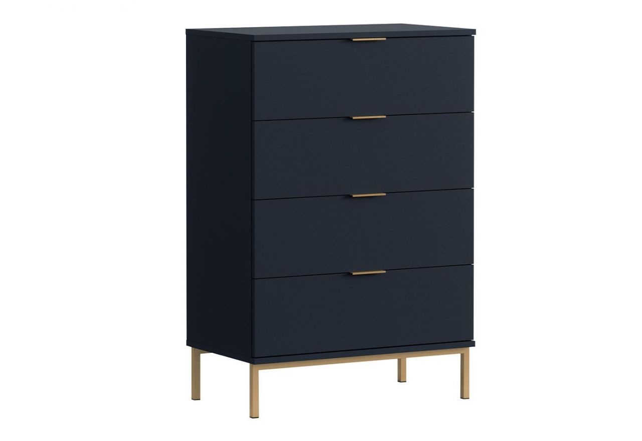 Komoda z 4 szufladami 70 cm PAGANE, granatowa na wysokich, złotych nóżkach do salonu