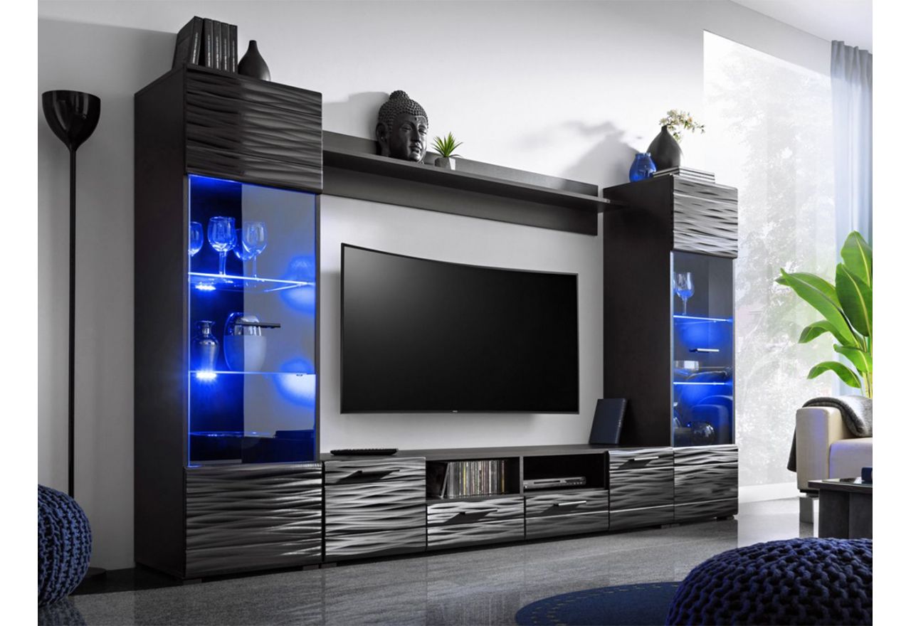 Nowoczesna, czarna meblościanka do salonu, z oświetleniem LED RGB i frontami 3D - ARMEDA Sahara 3D / Czarny mat