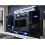 Luksusowa, czarna meblościanka z frontami w szkle, z oświetleniem LED RGB do salonu - ZAFIRO Czarne szkło / Czarny mat