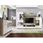 Meblościanka do kącika telewizyjnego, do salonu, z oświetleniem LED i frontami w połysku - KASHMIR Biały połysk / Dąb Monument