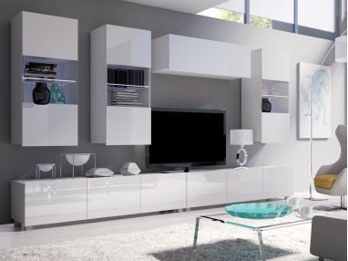 Białe meble salonowe jako zestaw do nowoczesnego wnętrza z opcją oświetlenia LED i frontami w połysku - CONTROL