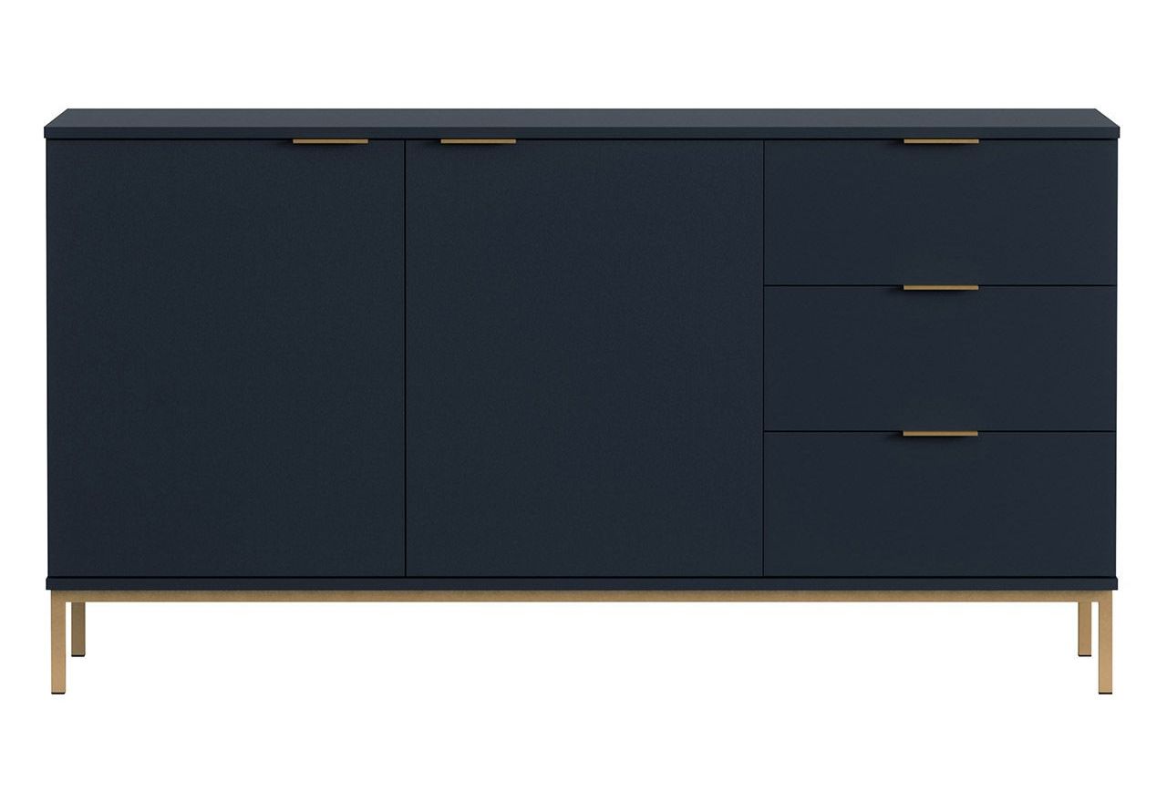 Granatowy zestaw mebli do salonu PAGANE z metalowymi, złotymi dodatkami i opcją oświetlenia LED