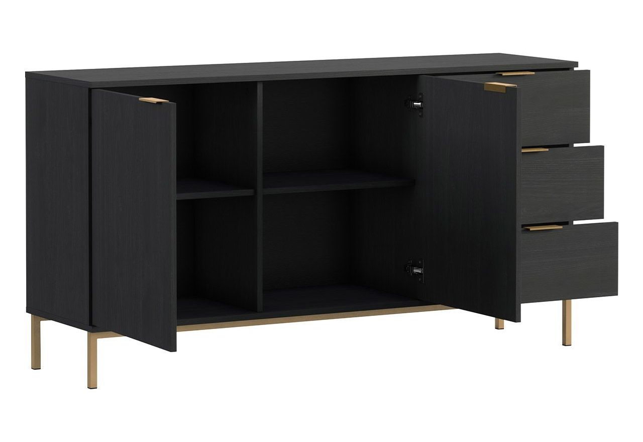 Granatowy zestaw mebli do salonu PAGANE z metalowymi, złotymi dodatkami i opcją oświetlenia LED